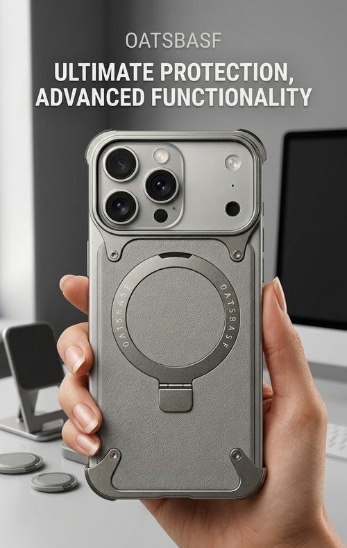 Oatsbasf Minimalist Aluminum Metal Bumper Case With 360 Magnetic Kickstand For iphone 17 Pro Max
