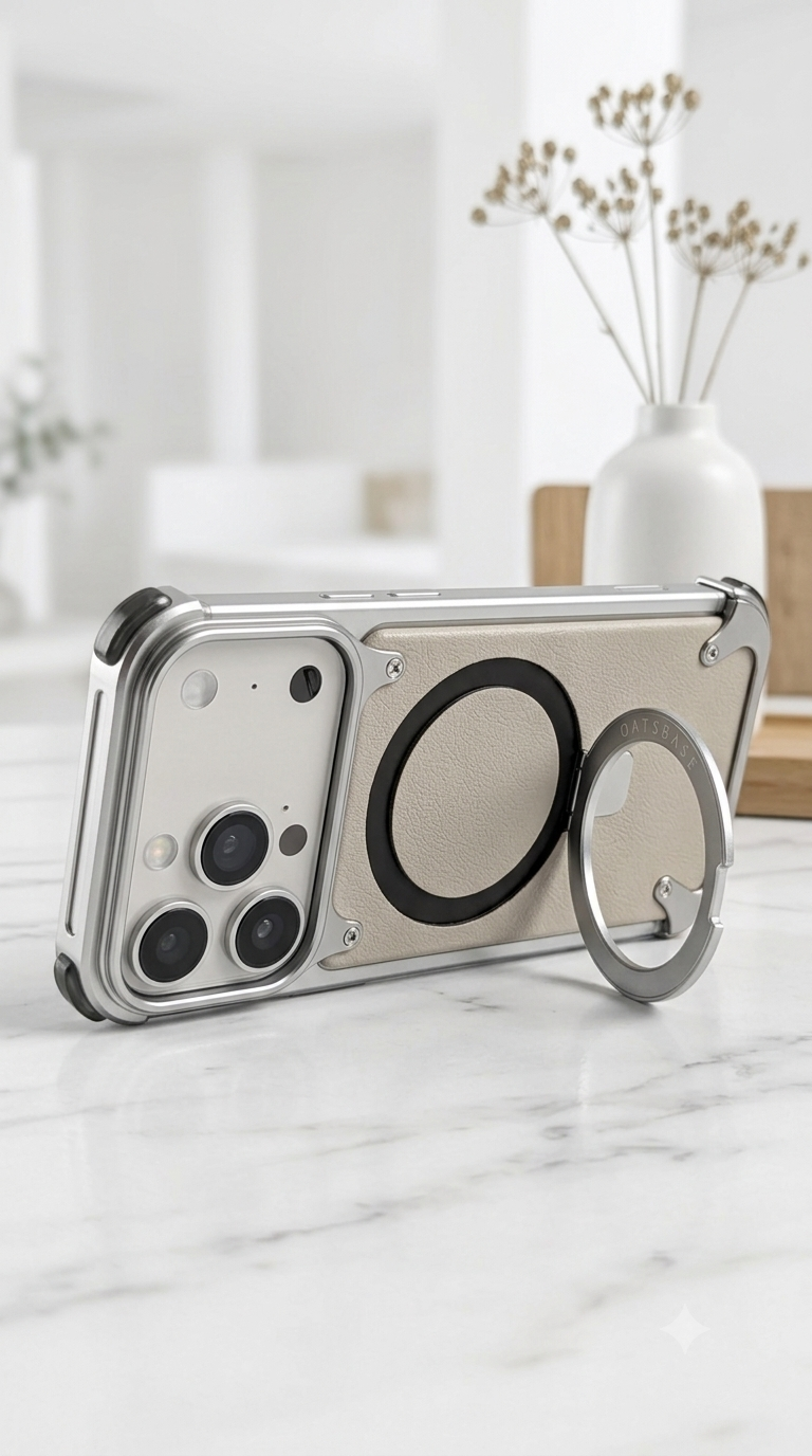 Oatsbasf Minimalist Aluminum Metal Bumper Case With 360 Magnetic Kickstand For iphone 17 Pro Max