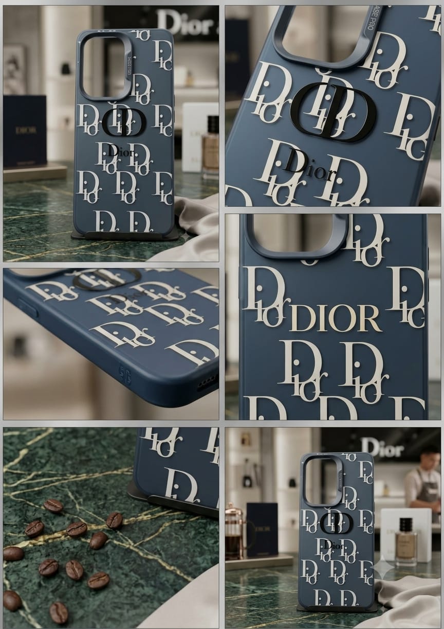 A navy blue Dior phone case with repeating white Dior logo lettering, shown in multiple product views on a marble surface with coffee beans and a blurred Dior store background.