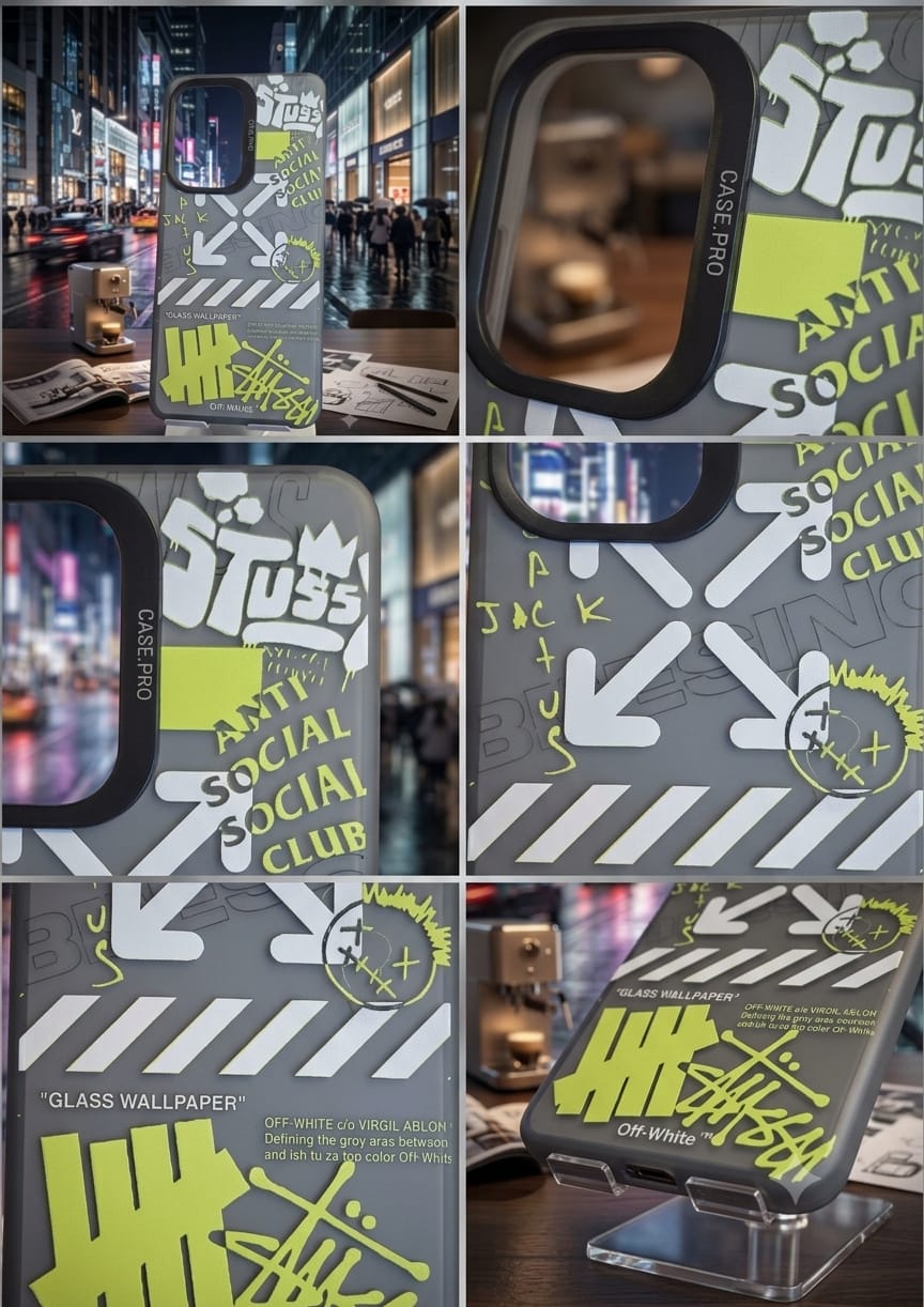 A collage showing multiple views of a phone case and matching glass wallpaper packaging. The product features a dark gray background with white arrow graphics, neon yellow-green graffiti-style lettering, and black accents.