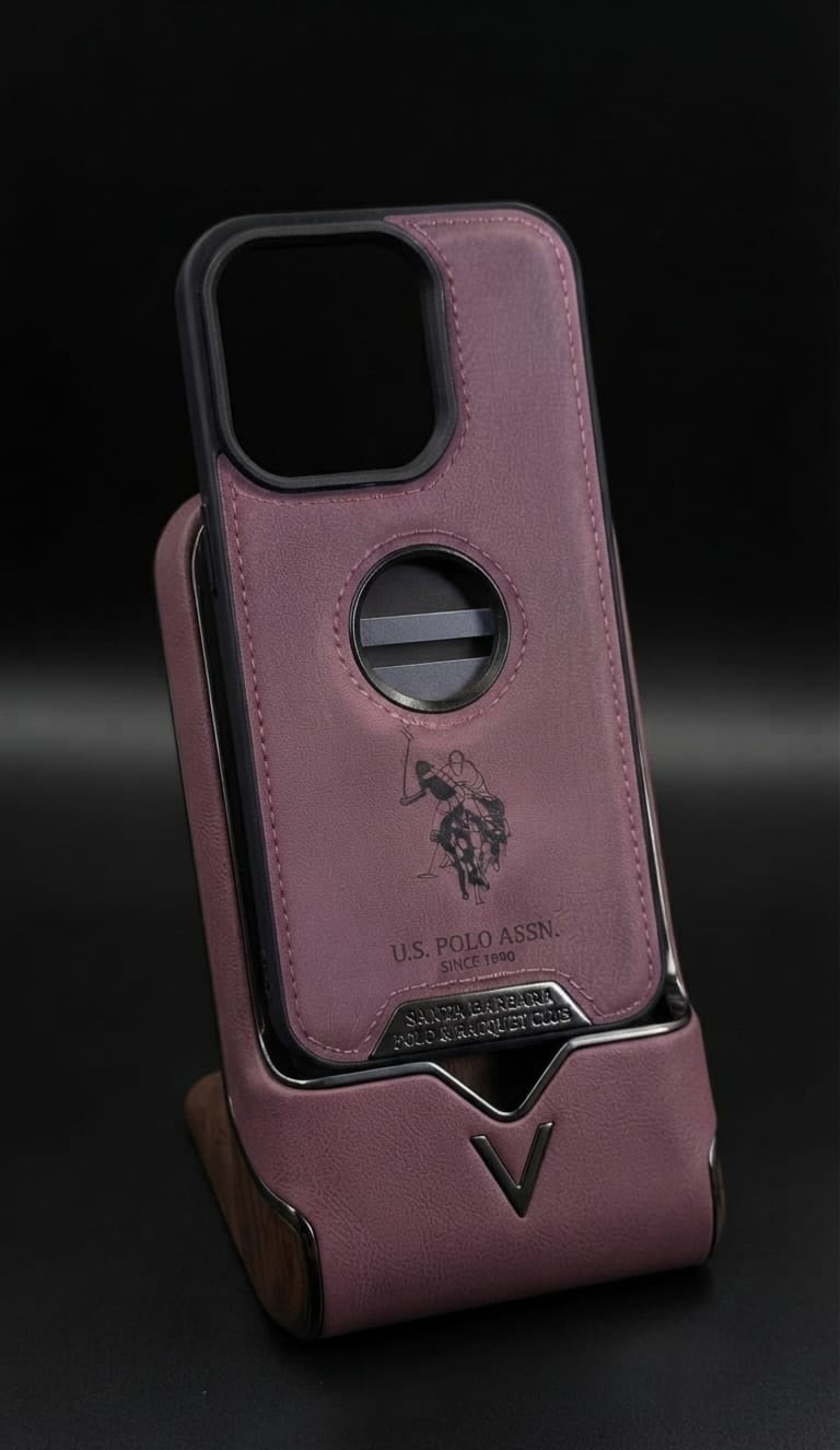 U.S. Polo Assn. iPhone 15 Pro Leather Case - Pink on stand