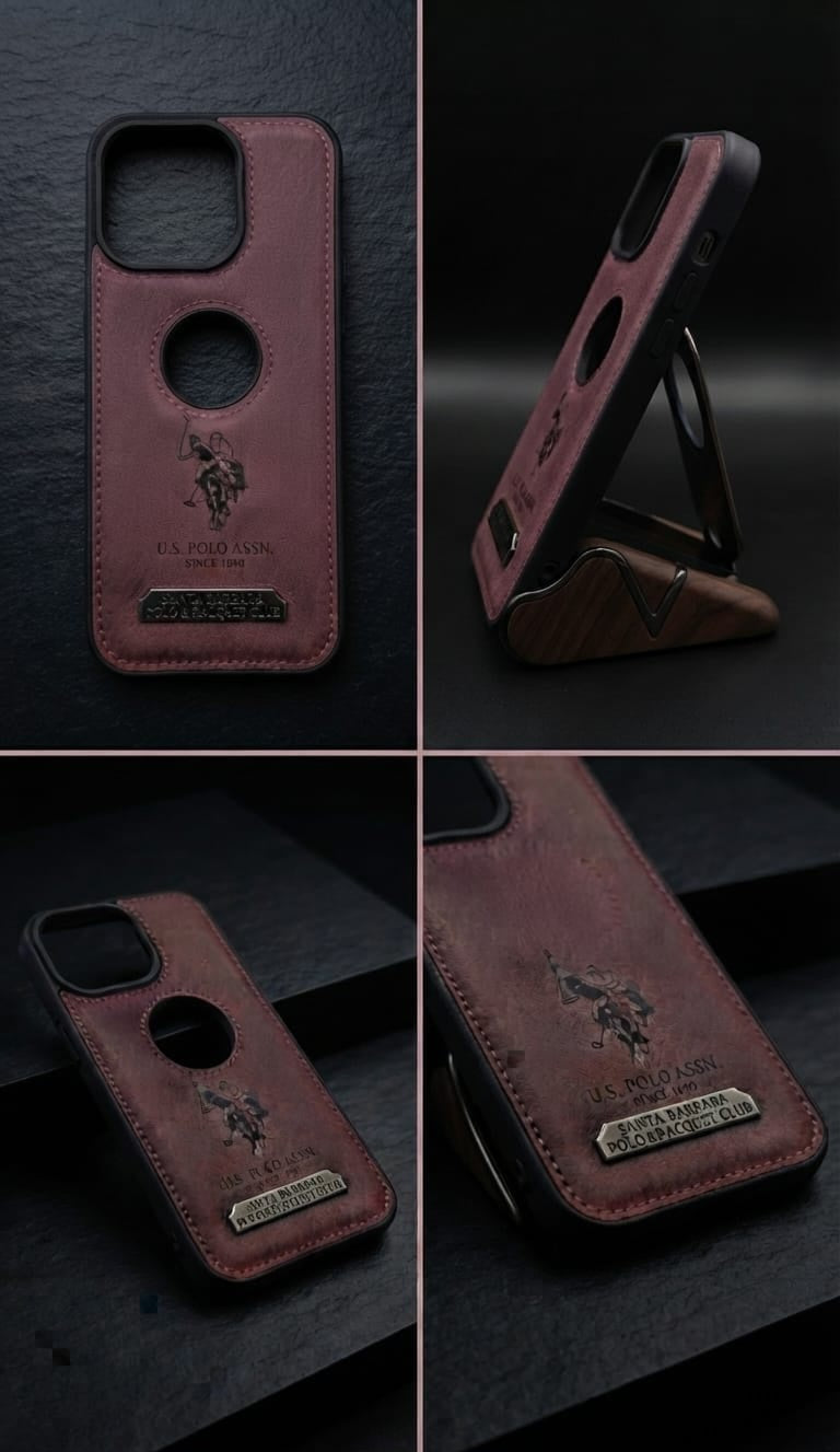 U.S. Polo Assn. iPhone 15 Pro Leather Case - Brown multi-angle grid