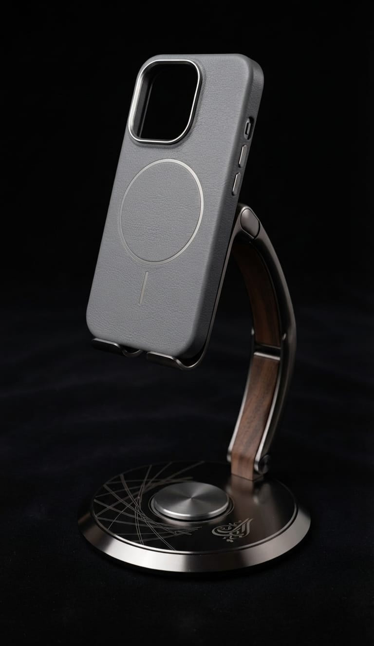 iPhone 15 Pro Honeyport MagSafe Leather Case - Grey on premium stand
