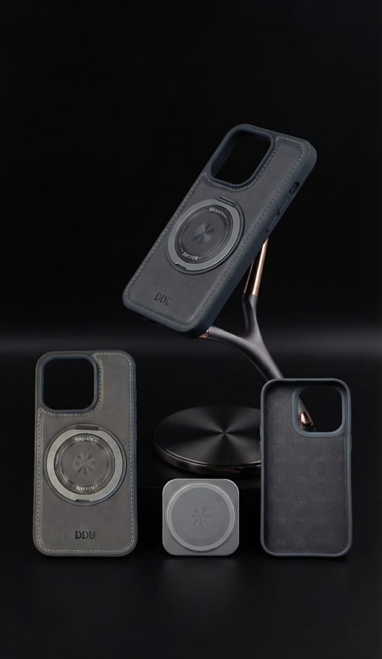 DDU iPhone 15 Pro MagSafe Leather Case on stand - Charcoal Grey