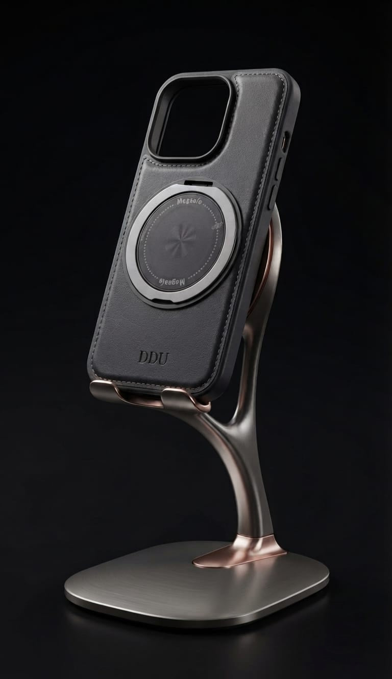 DDU iPhone 15 Pro MagSafe Leather Case side view with ring stand
