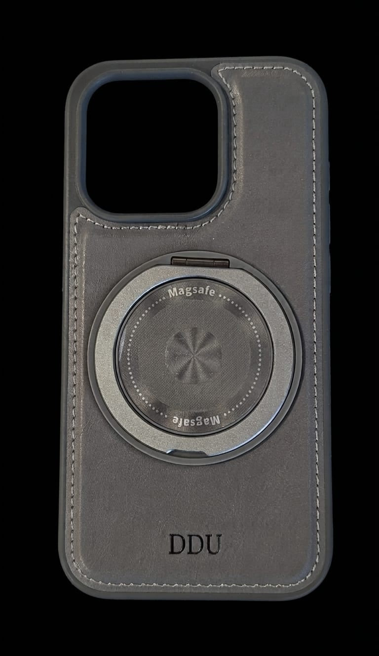 DDU iPhone 15 Pro MagSafe Leather Case Dark Teal on stand