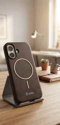 iPhone 16 Back Cover – VIPZ Magnetic Leather Finish (Blue / Brown)