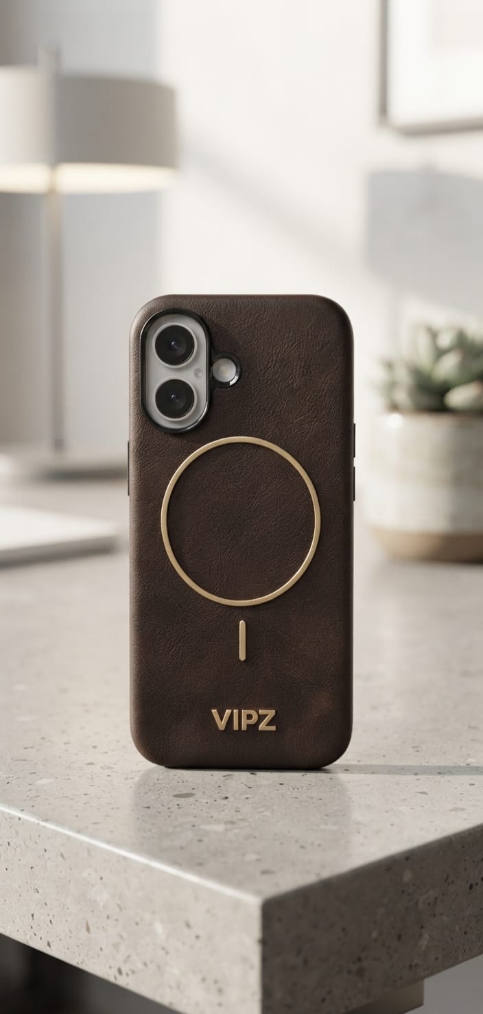 iPhone 16 Back Cover – VIPZ Magnetic Leather Finish (Blue / Brown)