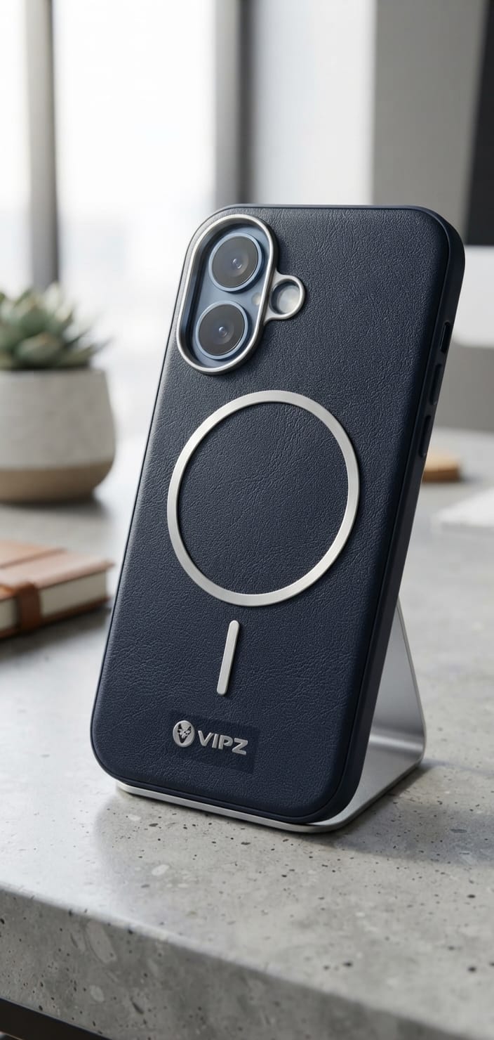 iPhone 16 Back Cover – VIPZ Magnetic Leather Finish (Blue / Brown)