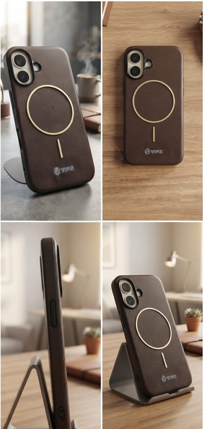 iPhone 16 Back Cover – VIPZ Magnetic Leather Finish (Blue / Brown)