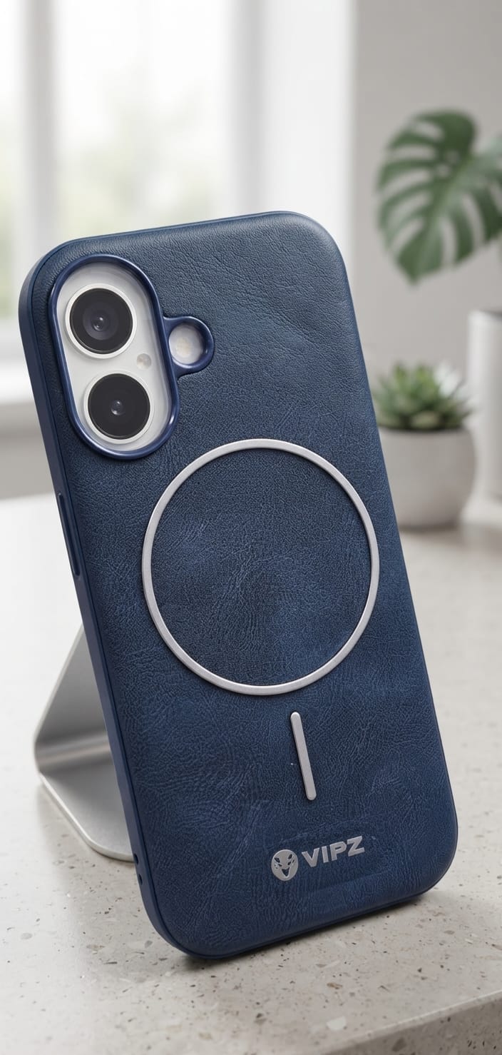 iPhone 16 Back Cover – VIPZ Magnetic Leather Finish (Blue / Brown)
