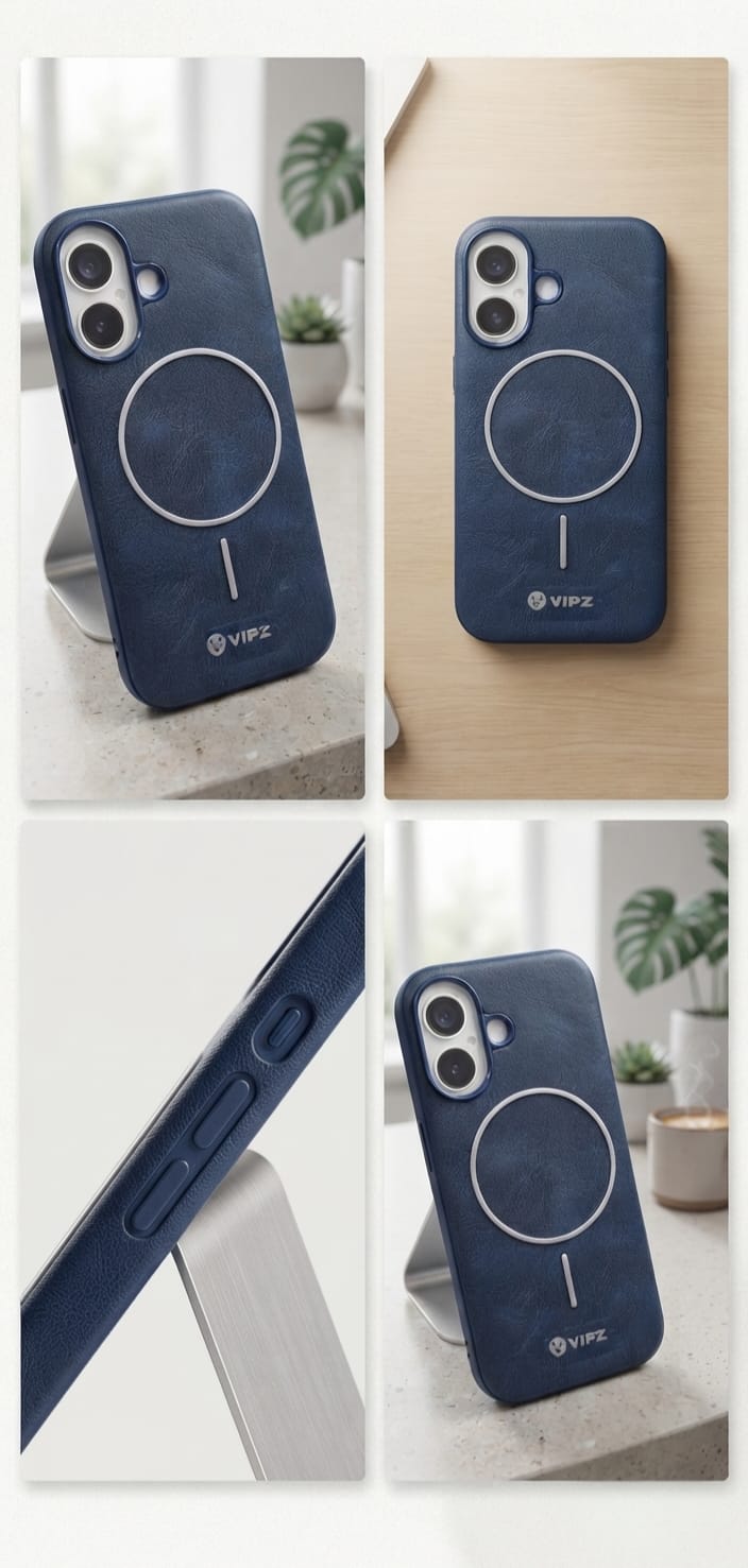 iPhone 16 Back Cover – VIPZ Magnetic Leather Finish (Blue / Brown)