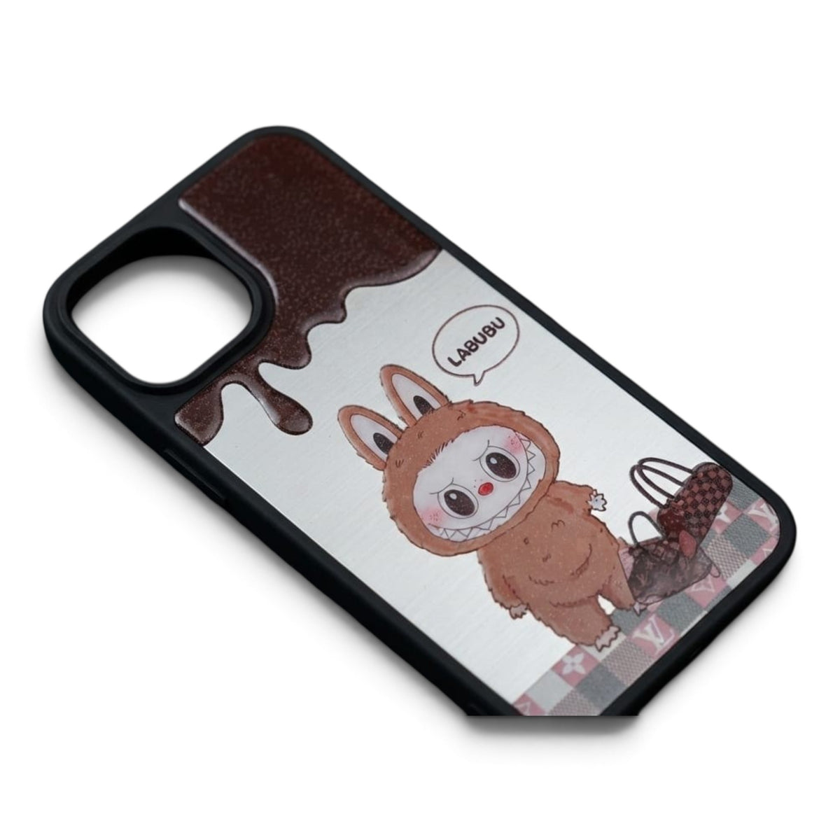 iPhone 15 Back Cover – Labubu Mirror Design with Glitter Drip (Black)
