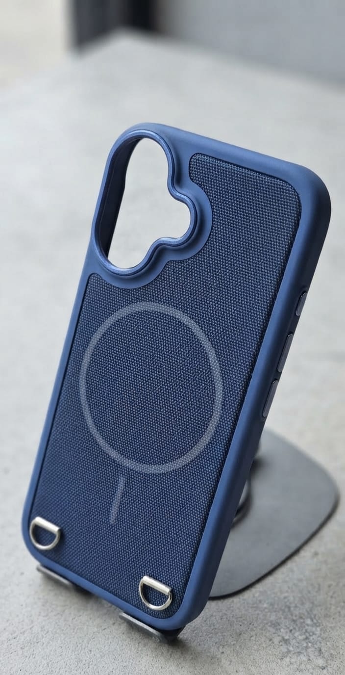 iPhone 16 Back Cover – Blue Fabric-Texture with Metal Strap Rings