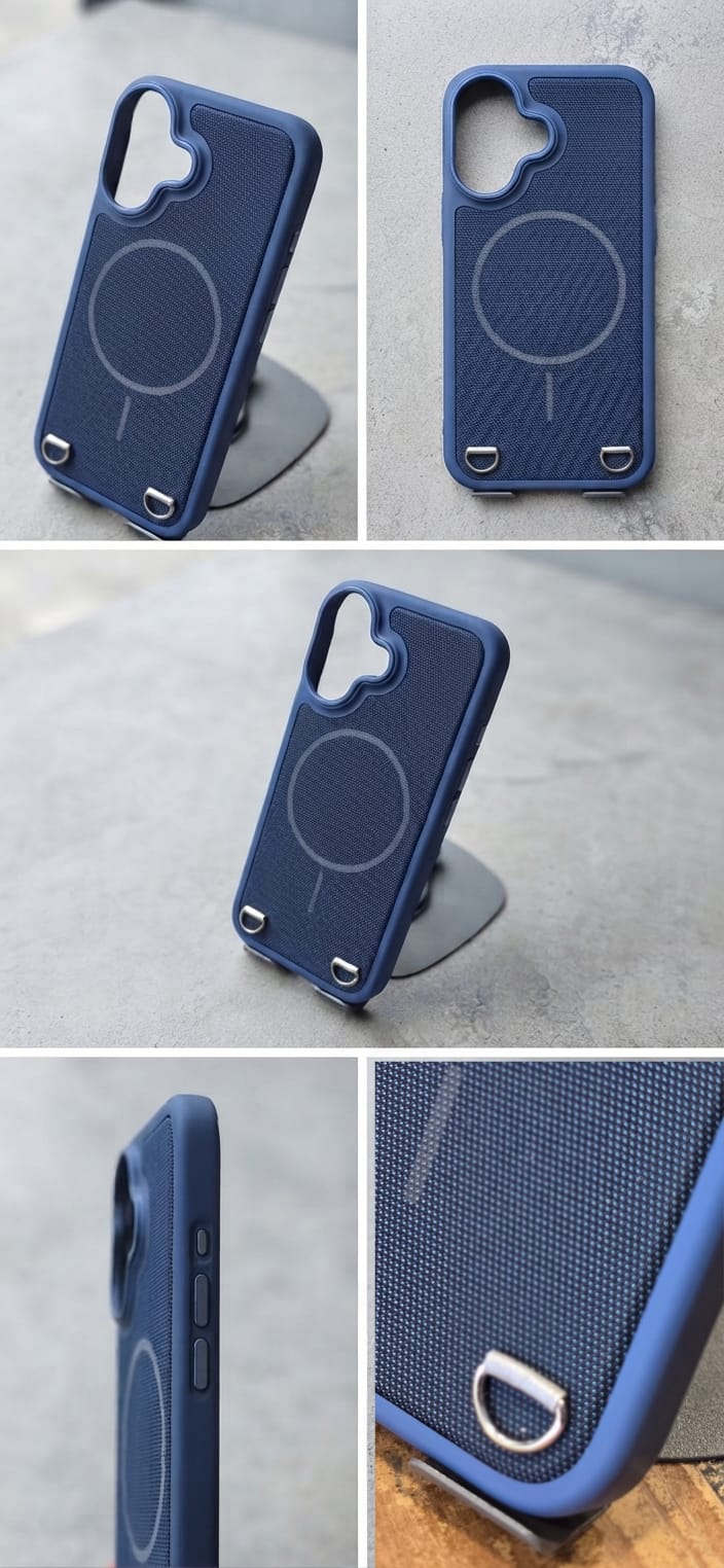 iPhone 16 Back Cover – Blue Fabric-Texture with Metal Strap Rings