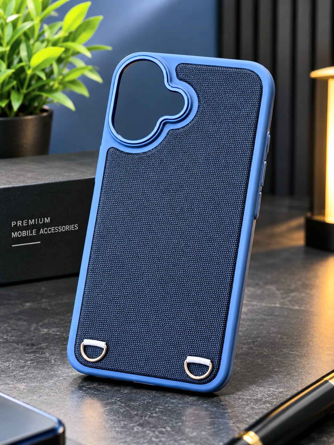 iPhone 16 Back Cover – Blue Fabric-Texture with Metal Strap Rings