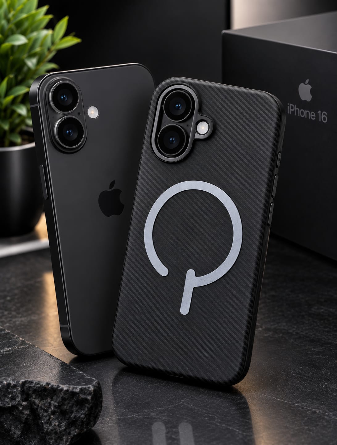iPhone 16 Back Case – Magnetic Carbon-Fibre Finish (Black)
