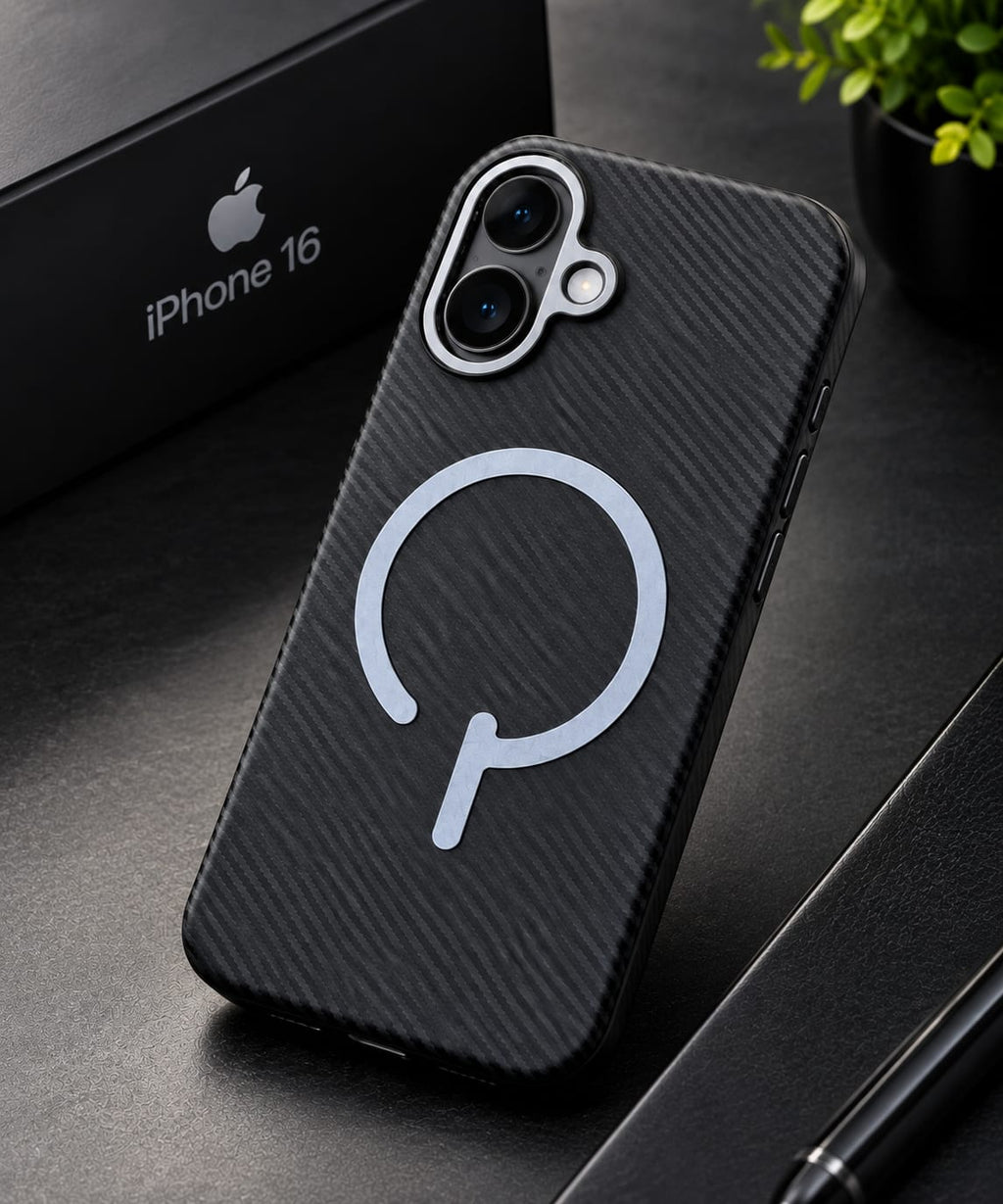 iPhone 16 black carbon-fibre style back case with magnetic ring, shown with iPhone 16 box