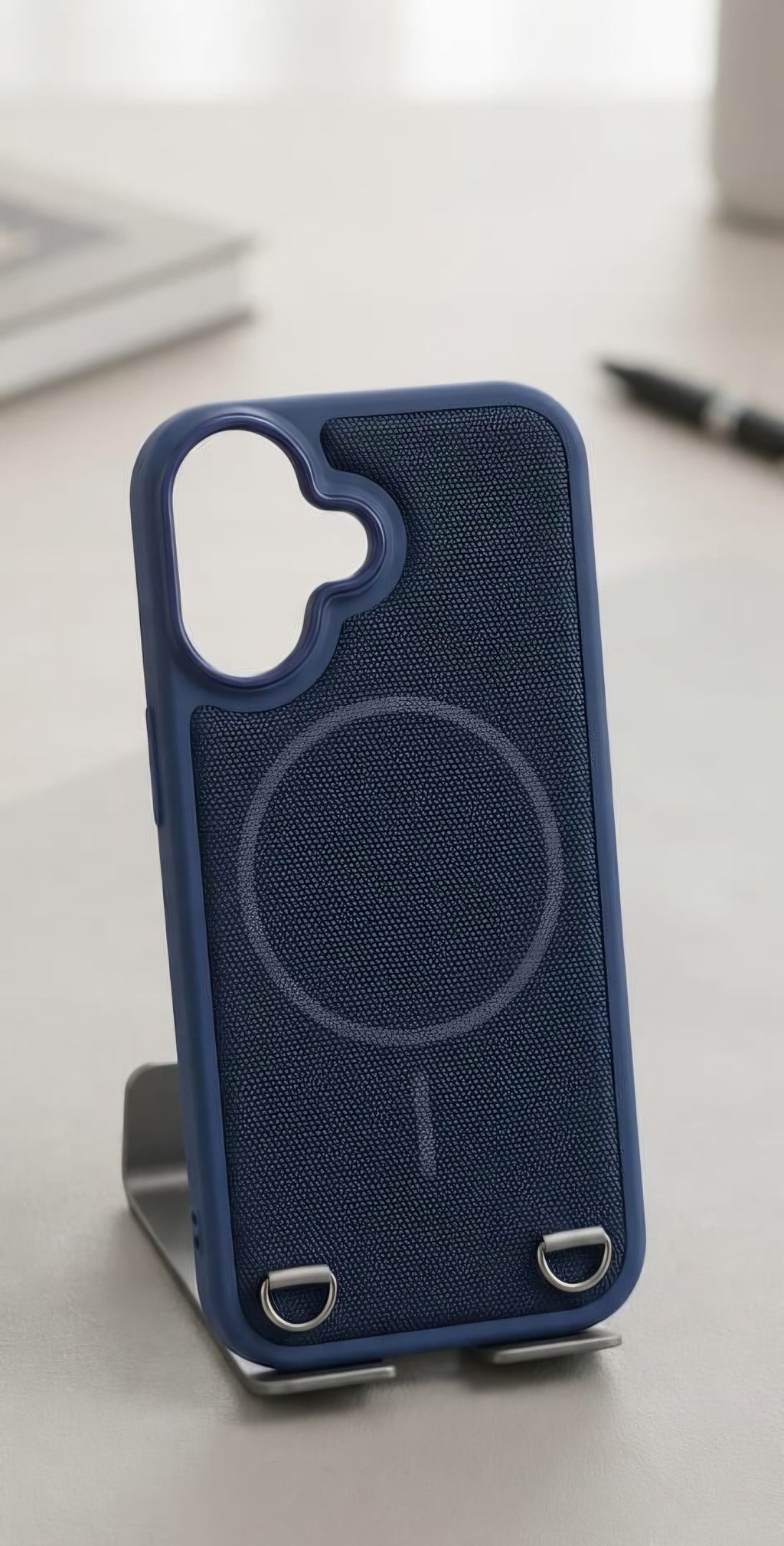 iPhone 16 Back Cover – Blue Fabric-Texture with Metal Strap Rings