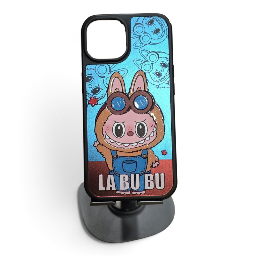 iPhone 15 Back Cover – Labubu Mirror Design with Glitter Drip (Black)