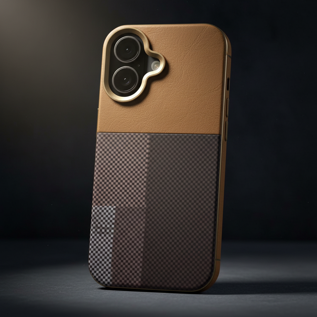 iPhone 17 Back Cover – Carbon-Check Colour-Block Design (Brown / Navy)