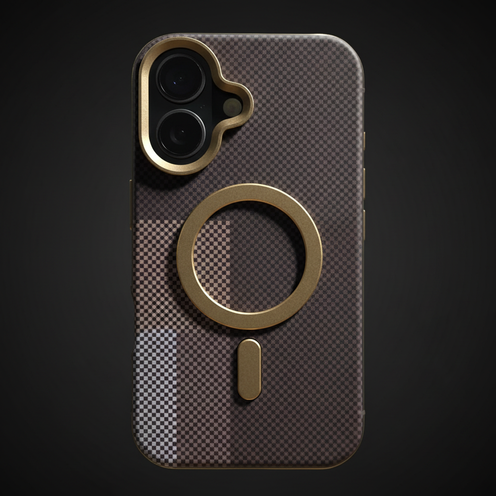 iPhone 17 Back Cover – Carbon-Check Colour-Block Design (Brown / Navy)