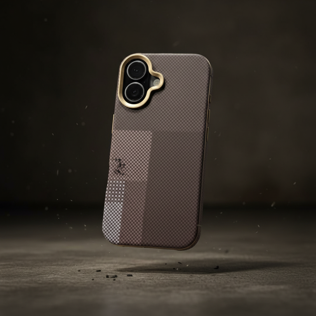 iPhone 17 Back Cover – Carbon-Check Colour-Block Design (Brown / Navy)