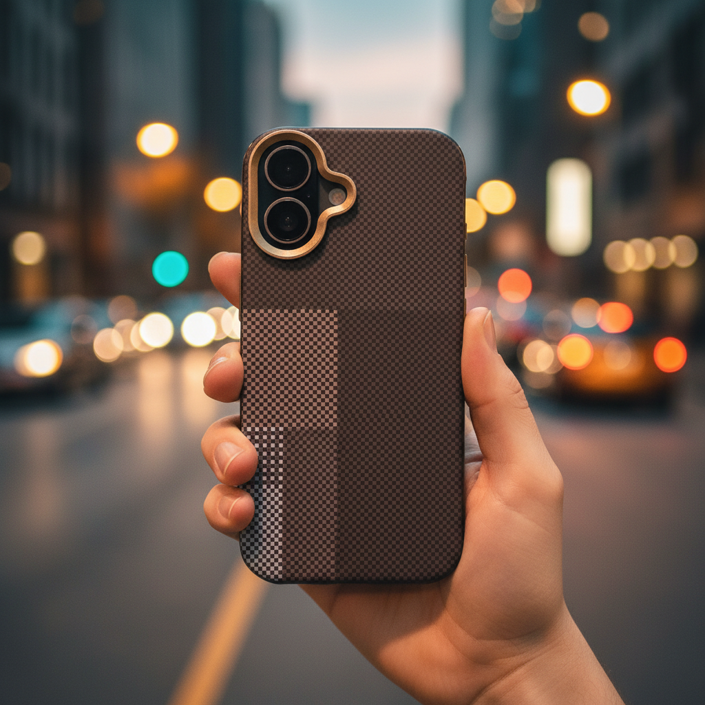 iPhone 17 Back Cover – Carbon-Check Colour-Block Design (Brown / Navy)