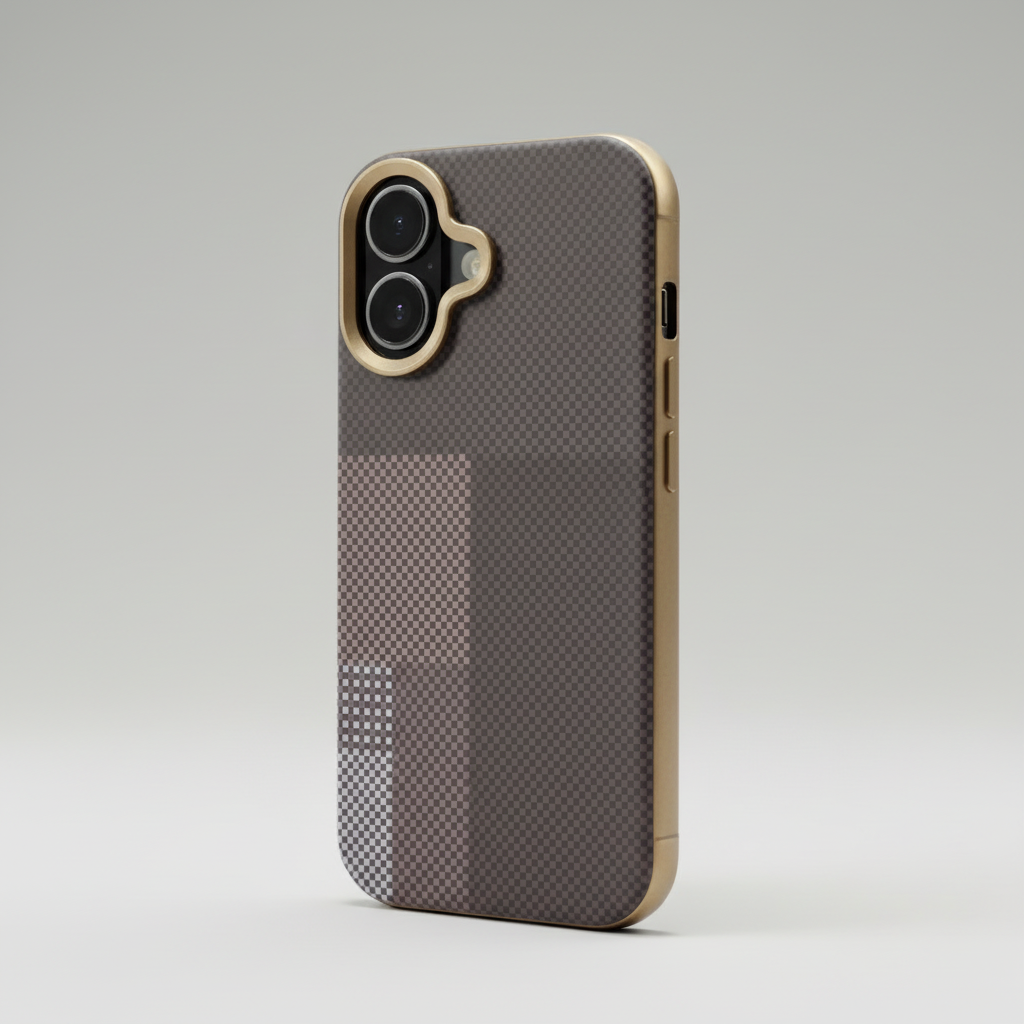 iPhone 17 Back Cover – Carbon-Check Colour-Block Design (Brown / Navy)