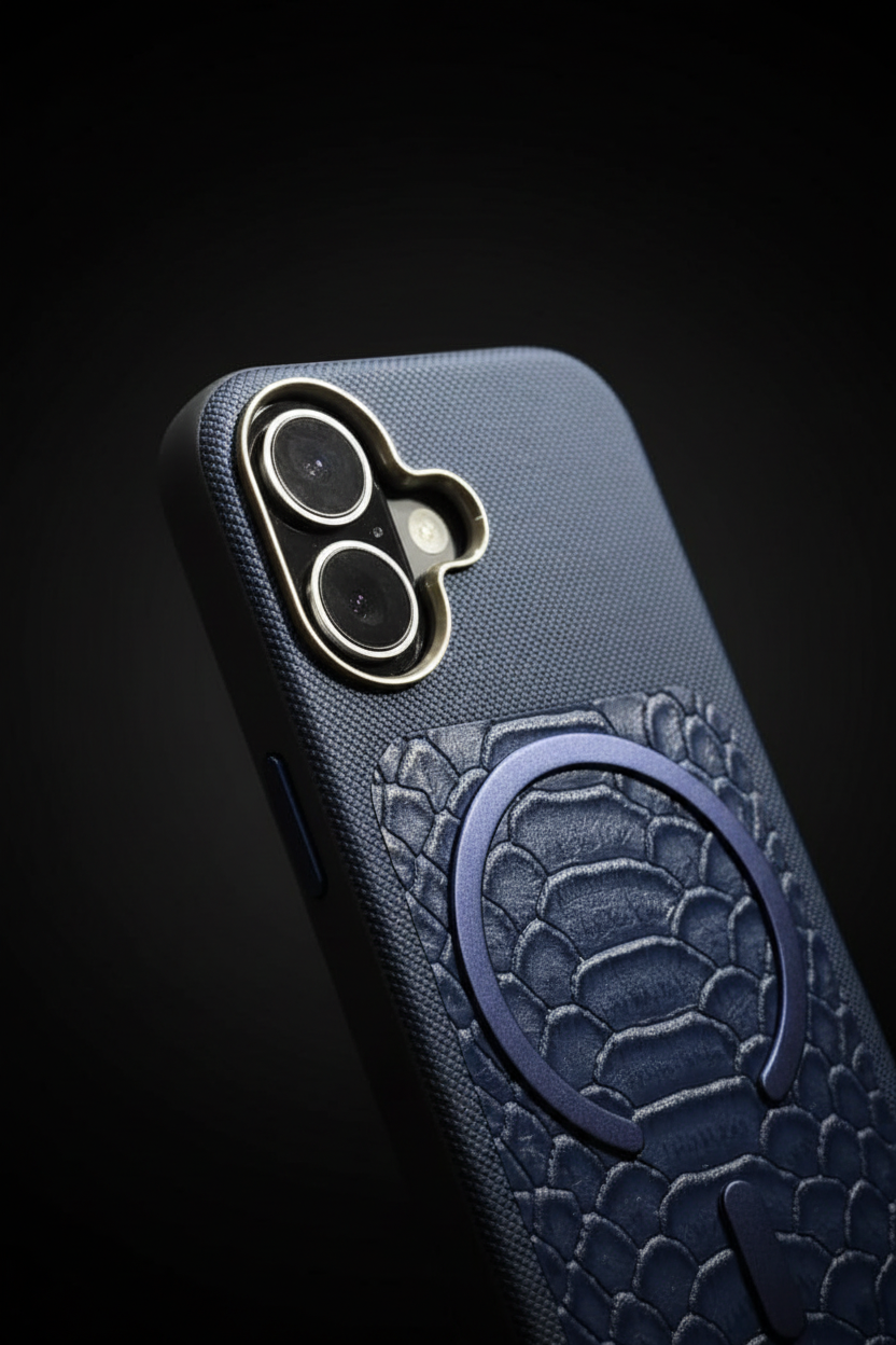 iPhone 17 Back Cover – Navy Crocodile-Texture with Magnetic Ring
