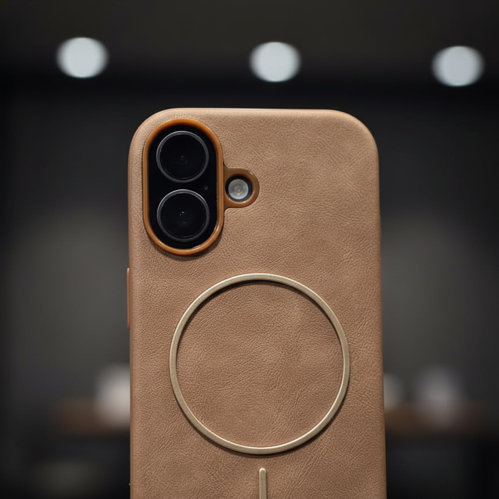 iPhone 17 Back Cover – Tan Leather-Texture with Gold Magnetic Ring (VIPZ)
