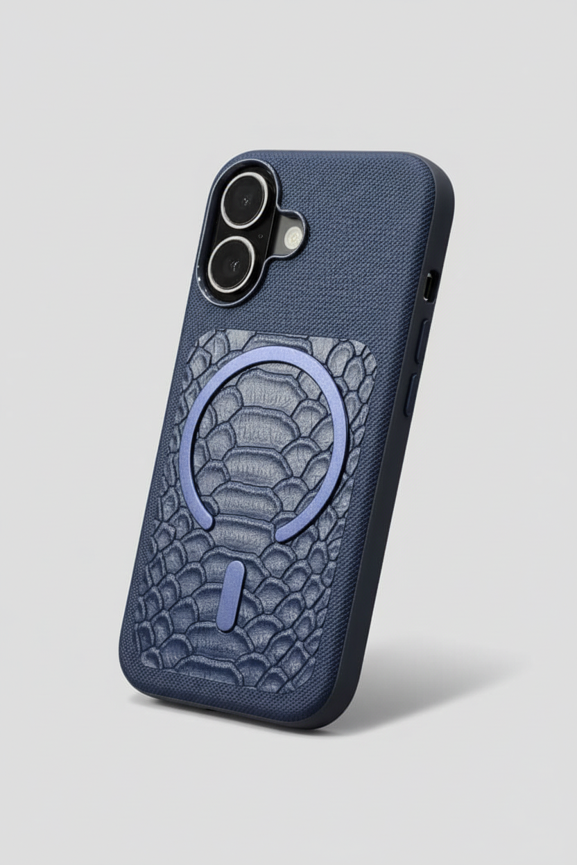 iPhone 17 Back Cover – Navy Crocodile-Texture with Magnetic Ring
