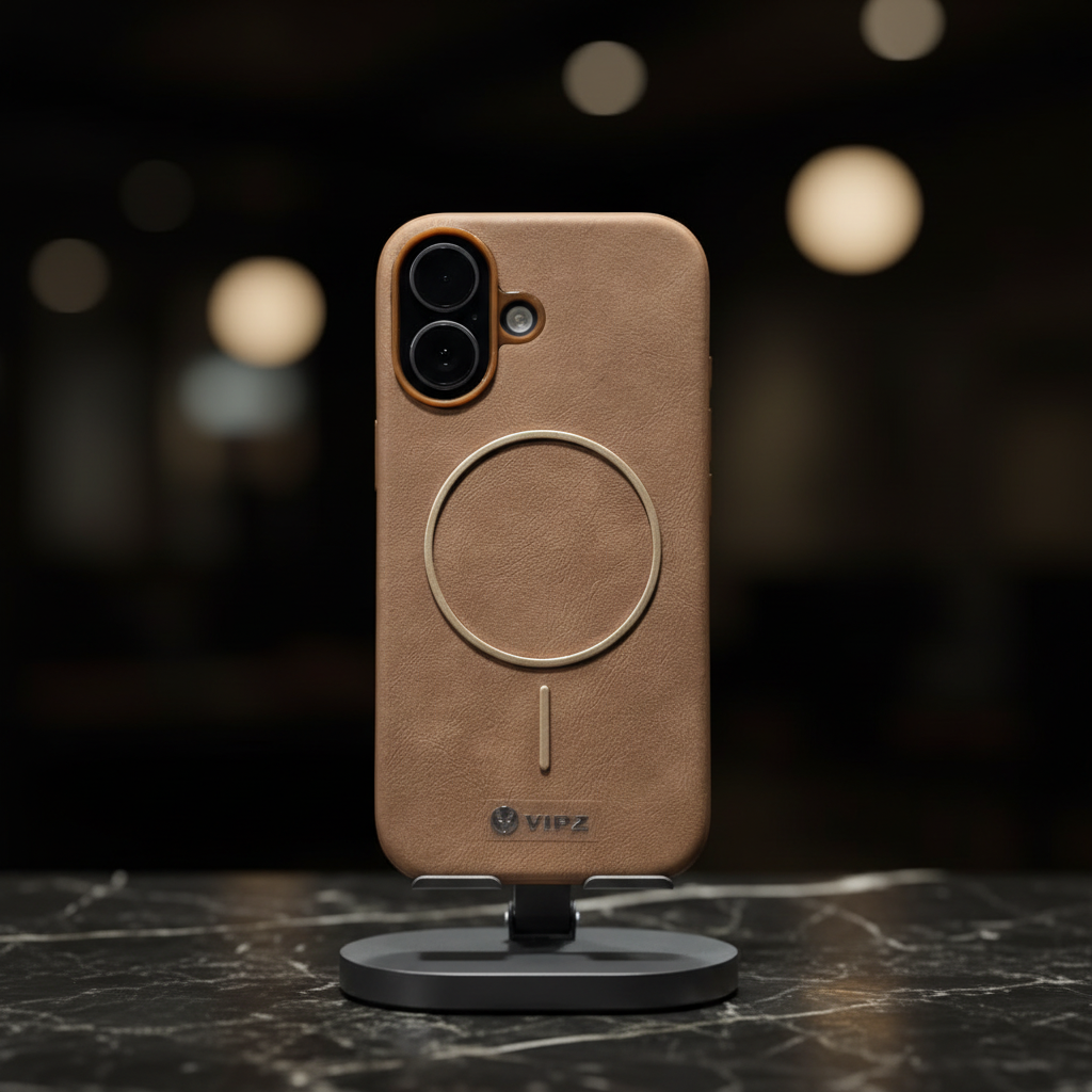 iPhone 17 Back Cover – Tan Leather-Texture with Gold Magnetic Ring (VIPZ)