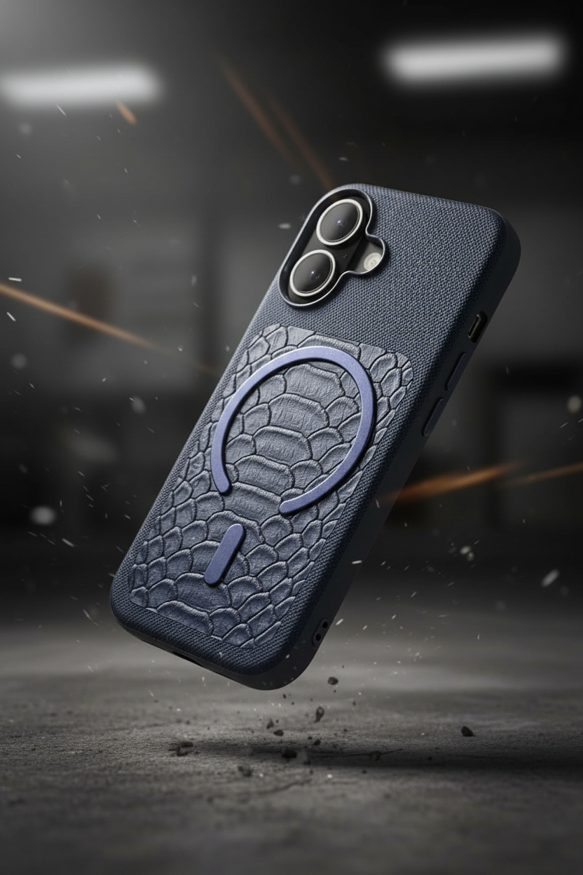 iPhone 17 Back Cover – Navy Crocodile-Texture with Magnetic Ring