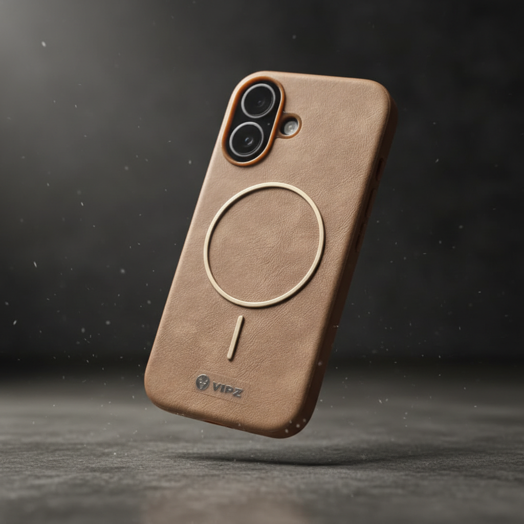 iPhone 17 Back Cover – Tan Leather-Texture with Gold Magnetic Ring (VIPZ)