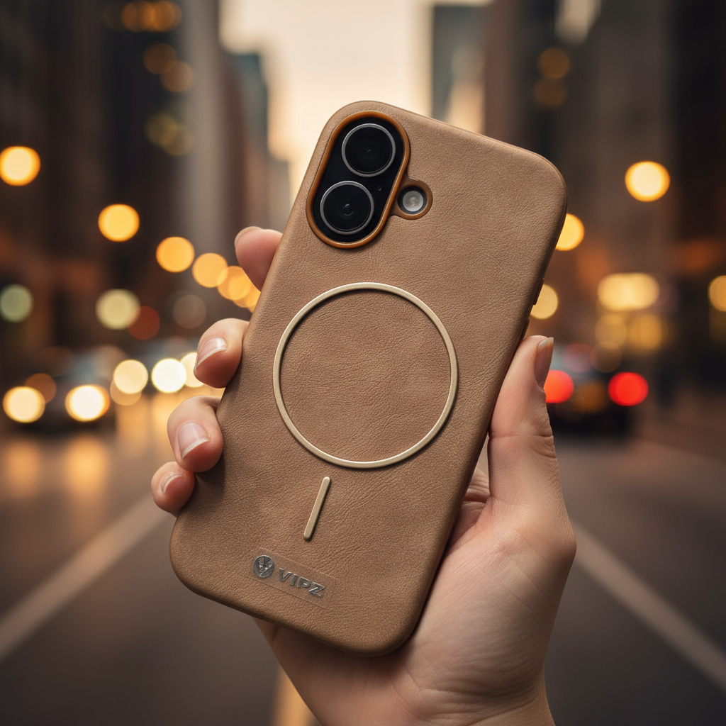 iPhone 17 Back Cover – Tan Leather-Texture with Gold Magnetic Ring (VIPZ)