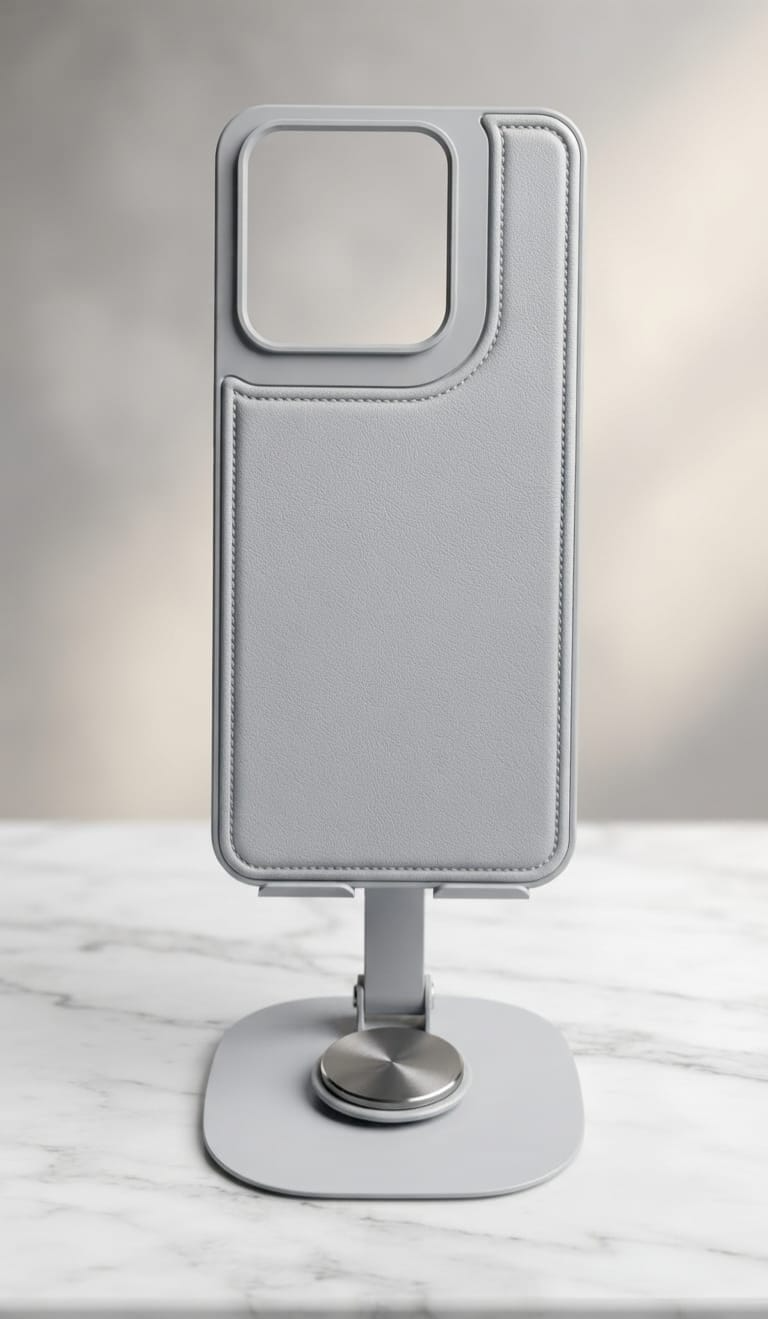 Light grey stitched Moto Edge phone case on display