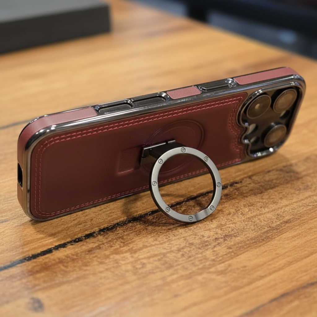 Brown iPhone 17 leather texture case with open metal ring support