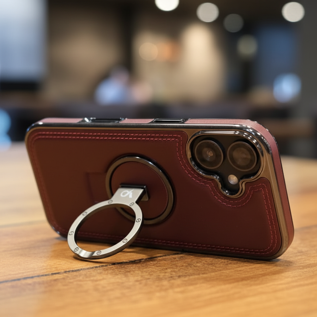Brown leather texture iPhone 17 magnetic ring case hero angle