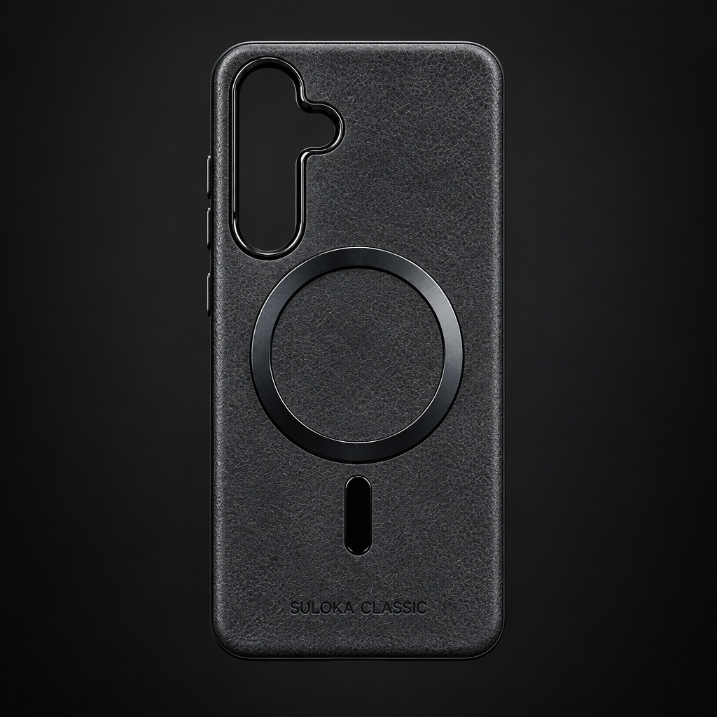 Black leather case with magnetic ring, front view