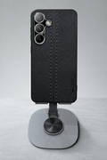Black leather-texture case with magnetic ring stand, front view