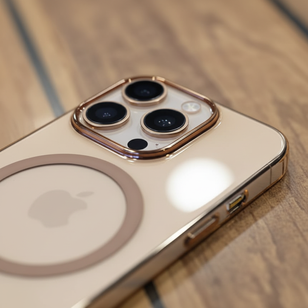 Brown gold ring transparent iPhone 16 Pro case camera close-up
