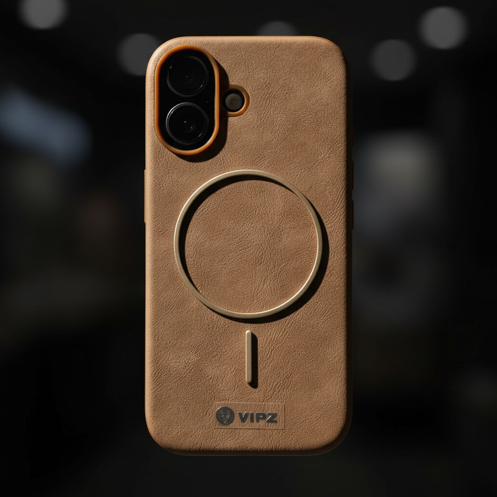 iPhone 17 Back Cover – Tan Leather-Texture with Gold Magnetic Ring (VIPZ)