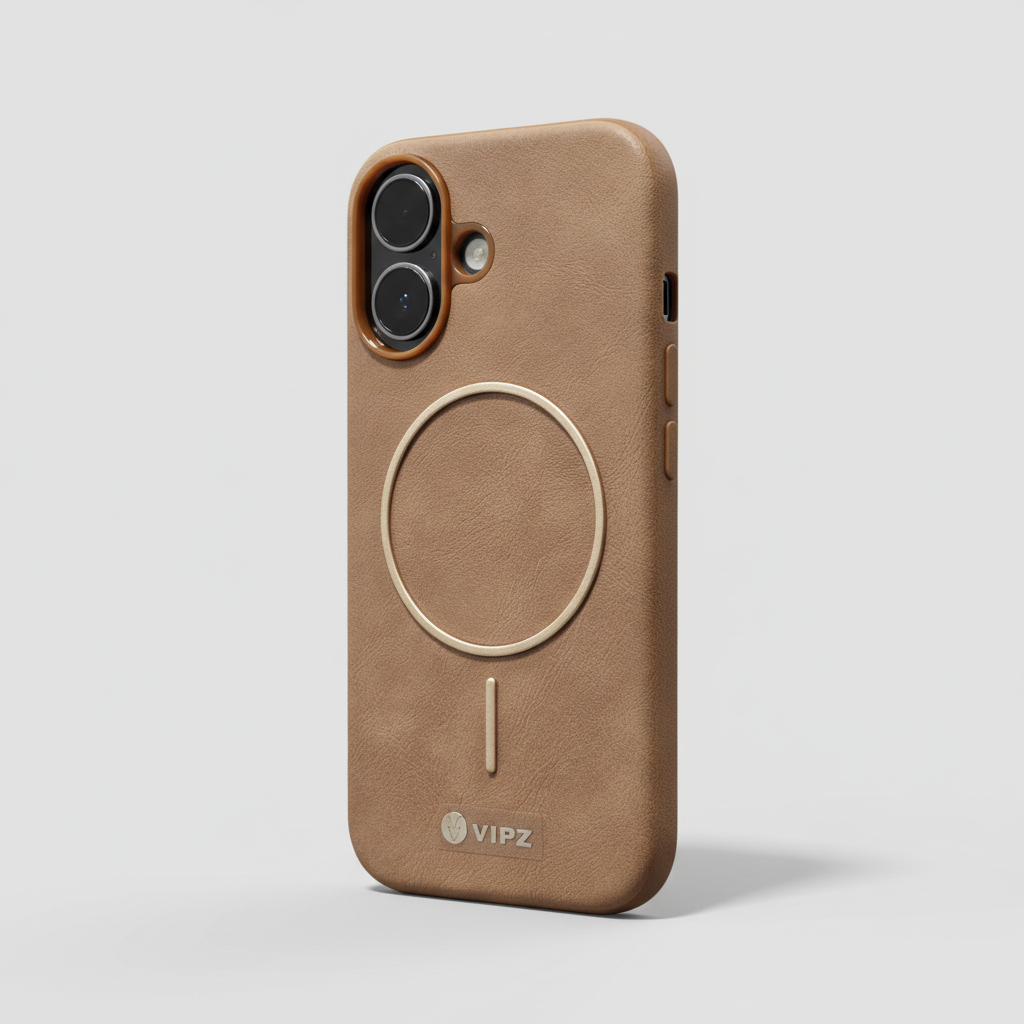 iPhone 17 Back Cover – Tan Leather-Texture with Gold Magnetic Ring (VIPZ)