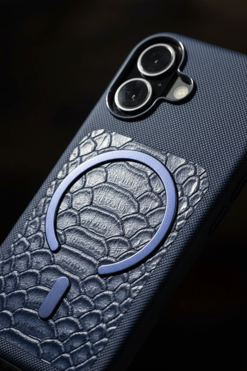 iPhone 17 Back Cover – Navy Crocodile-Texture with Magnetic Ring