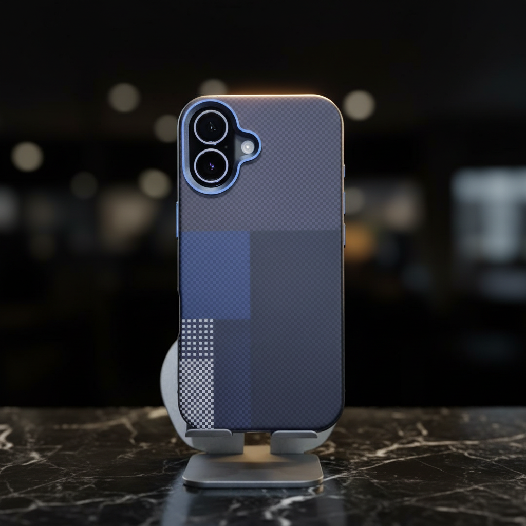 iPhone 17 Back Cover – Carbon-Check Colour-Block Design (Brown / Navy)