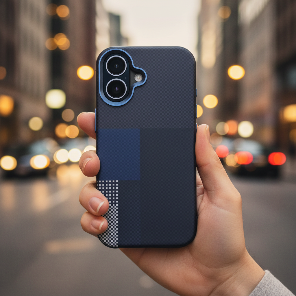 iPhone 17 Back Cover – Carbon-Check Colour-Block Design (Brown / Navy)