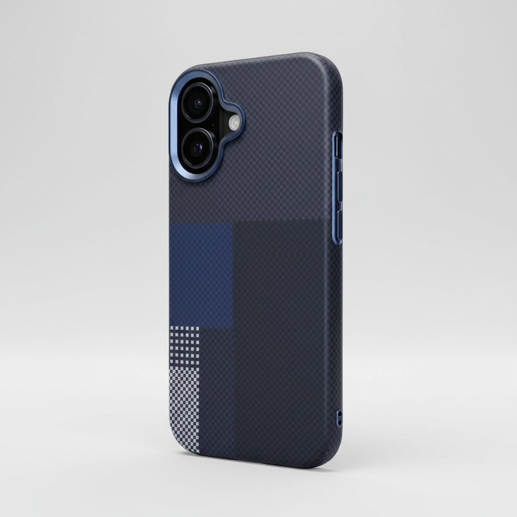 iPhone 17 Back Cover – Carbon-Check Colour-Block Design (Brown / Navy)