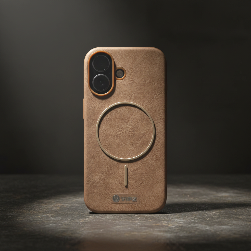 iPhone 17 Back Cover – Tan Leather-Texture with Gold Magnetic Ring (VIPZ)