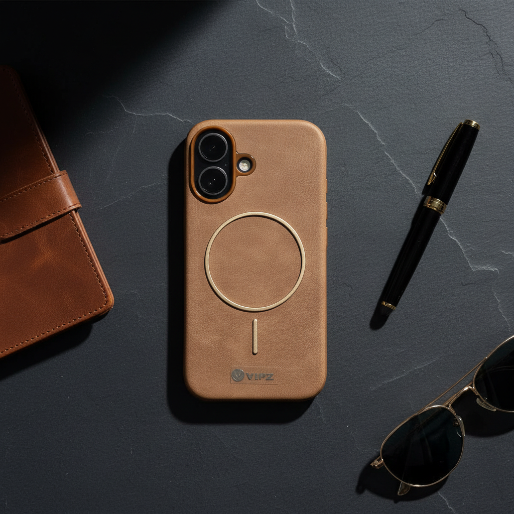 iPhone 17 Back Cover – Tan Leather-Texture with Gold Magnetic Ring (VIPZ)